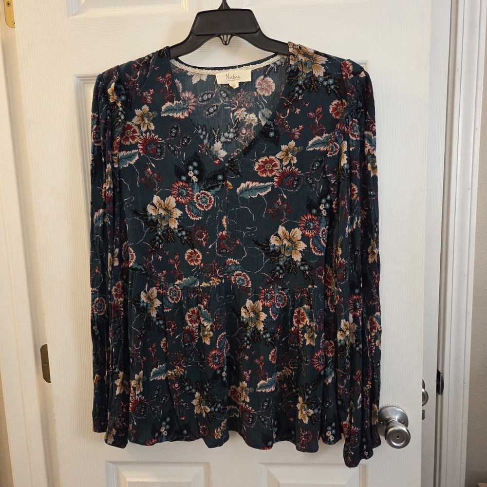 Nurture sz 2X green floral flowy rayon lng slv tunic top boho peasant dark fairy